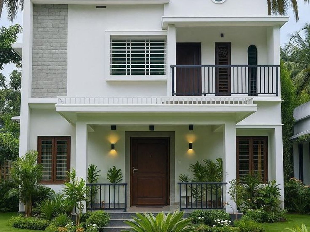 Architectural residential facade extension in Hyderabad with covered portico and balcony