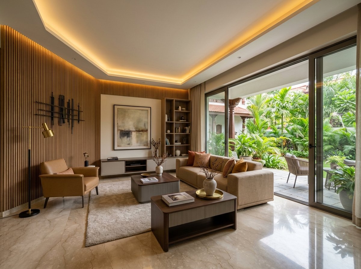 Architectural living room renovation in Hyderabad with fluted wood paneling and marble flooring