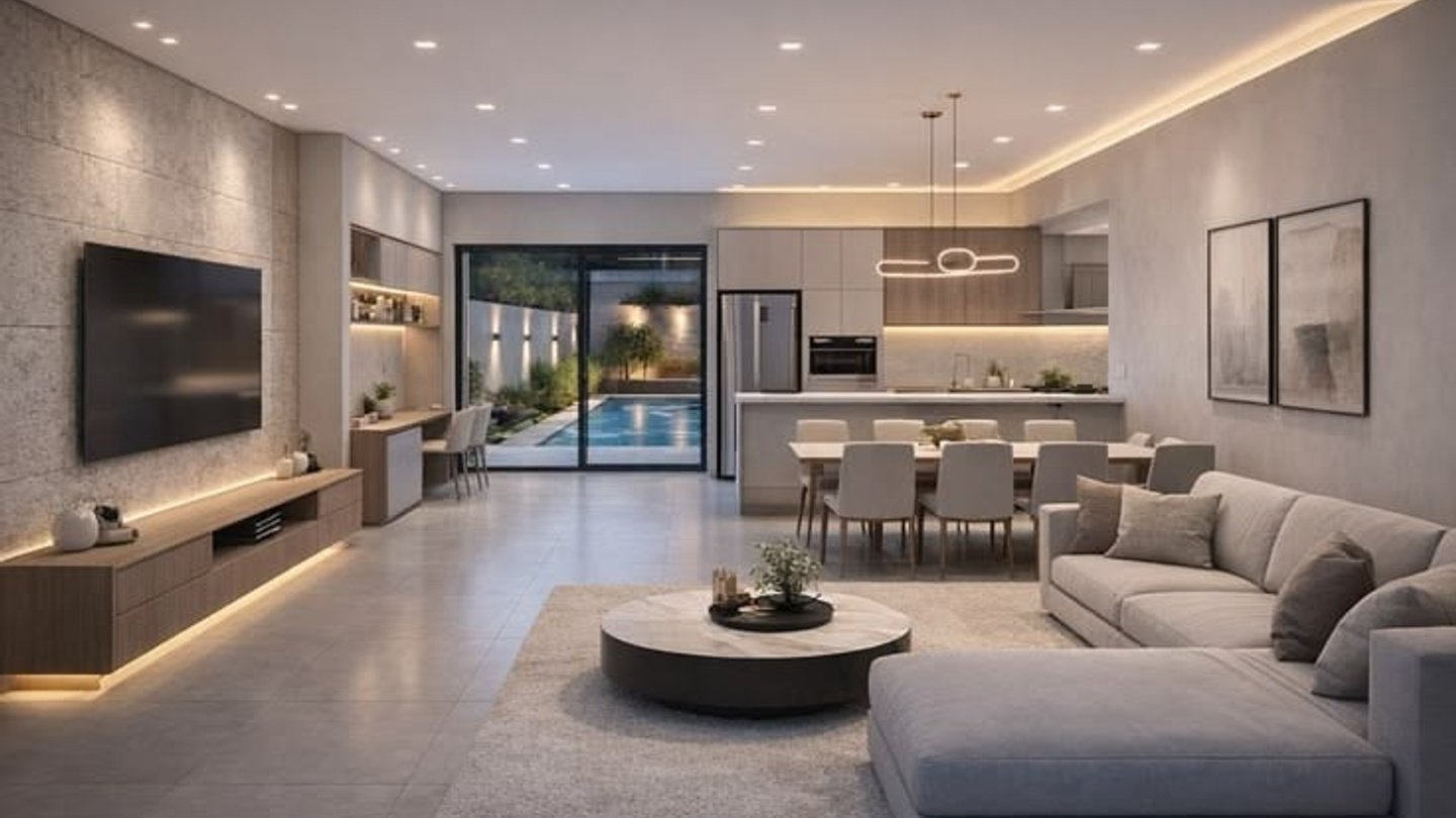 Luxury Interior Finishing in Hyderabad — contemporary residential living room with wall finishes, warm lighting, and porcelain flooring