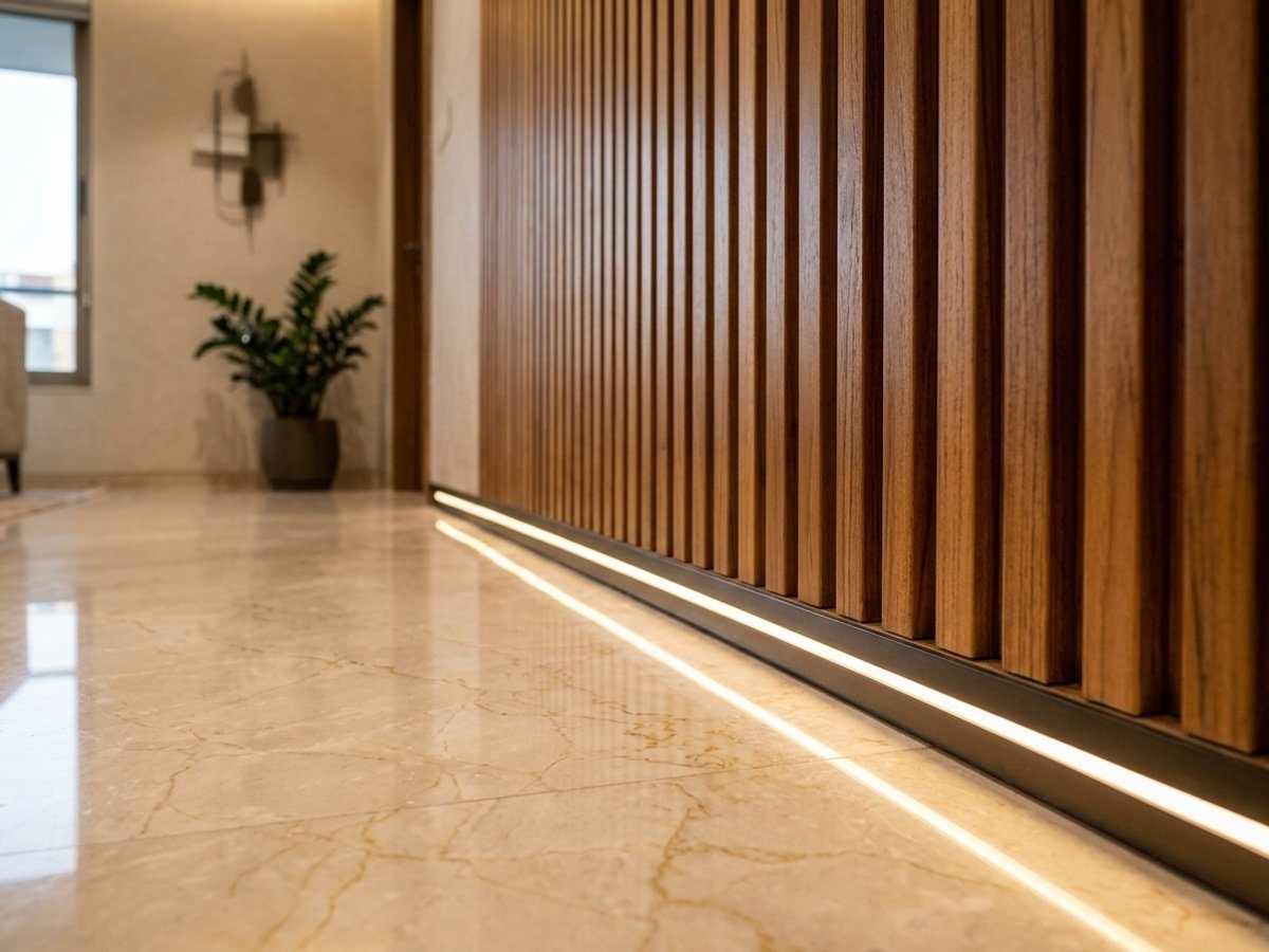Fluted teak wood wall paneling meeting polished Italian marble with recessed LED illumination