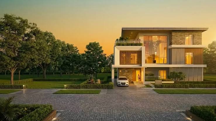 Luxury villa construction in Hyderabad — sunset exterior architectural elevation